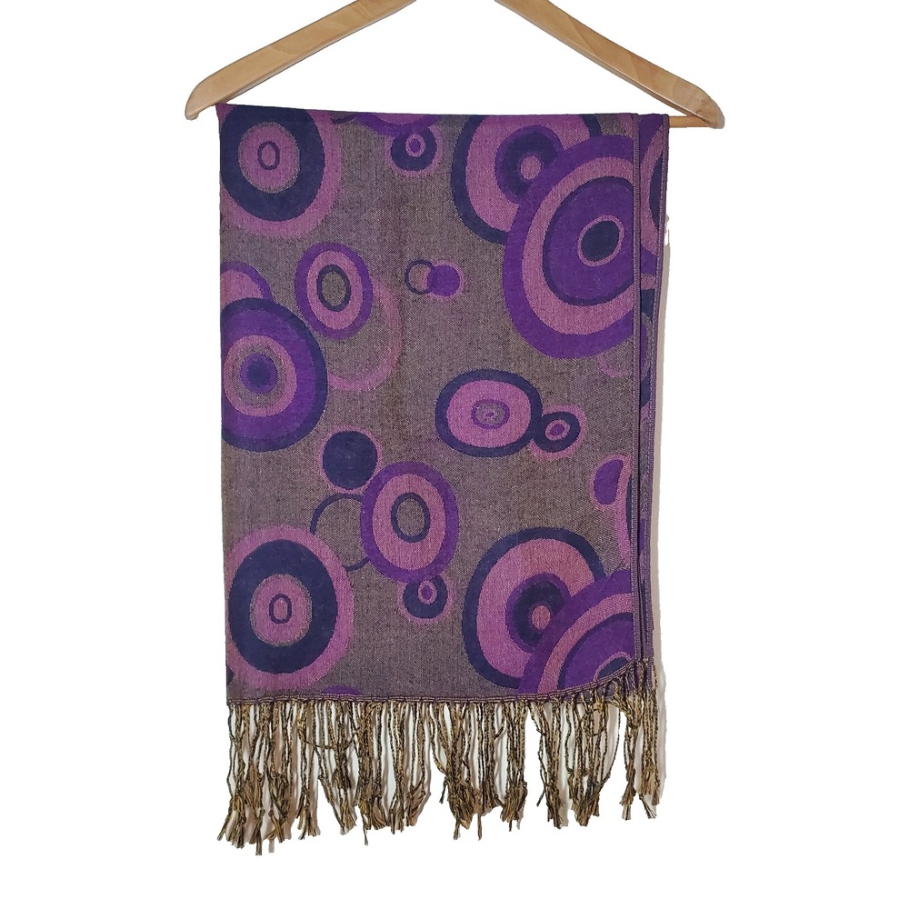 Reversible Purple Pashmina Scarf Silk Blend Retro Geometric Circles Shawl Wrap